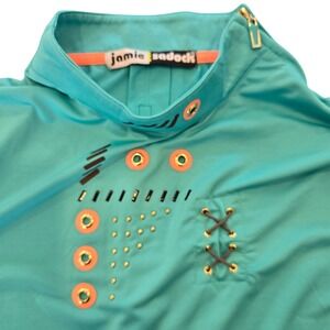 Jamie Sadock Turquoise Geometric Embellished Golf Polo Shirt Women Sz L